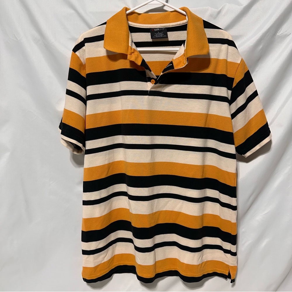 ❤️ 3/$20 ❤️ NBN Gear Striped Polo Shirt L - Orange, Black, and White